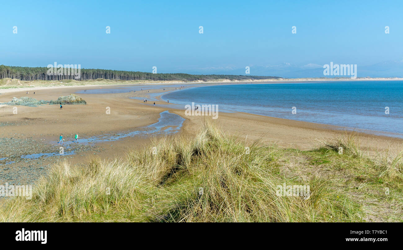 Ein Blick entlang Llanddwyn Beach, Whitby, North Wales, UK. Am 7. April 2019 getroffen. Stockfoto