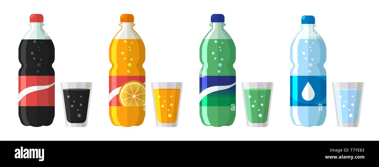 Set aus Kunststoff Flasche Wasser und süße Limo mit Brille. Flache Vektor Wasser soda Symbole Abbildung auf weißen isoliert Stock Vektor