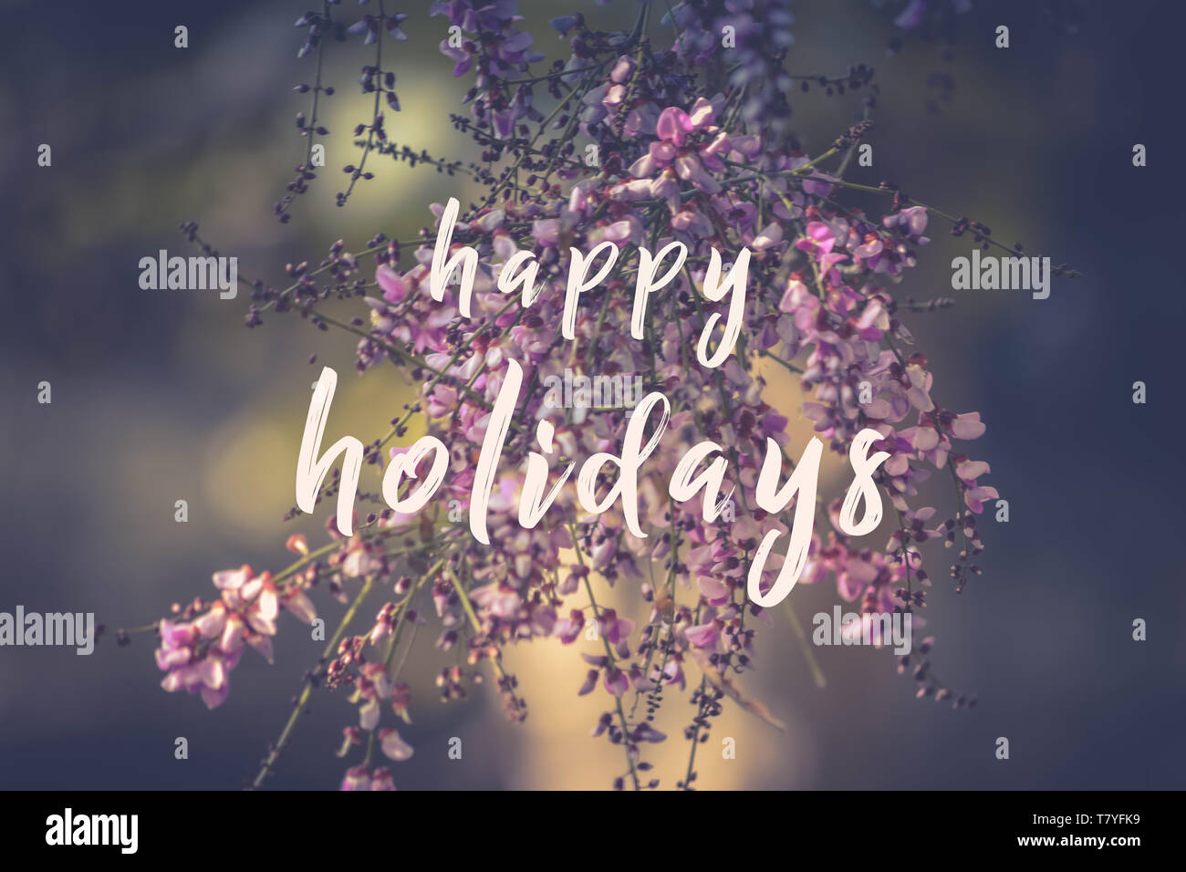 Happy Holidays Kalligraphie über Blumenstrauß Stockfoto