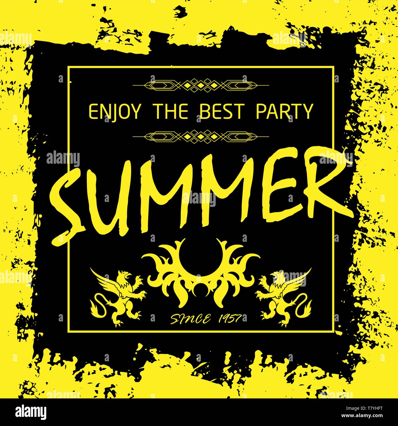 Schwarzer Hintergrund mit gelben Sommer text und grunge Frame Stock Vektor