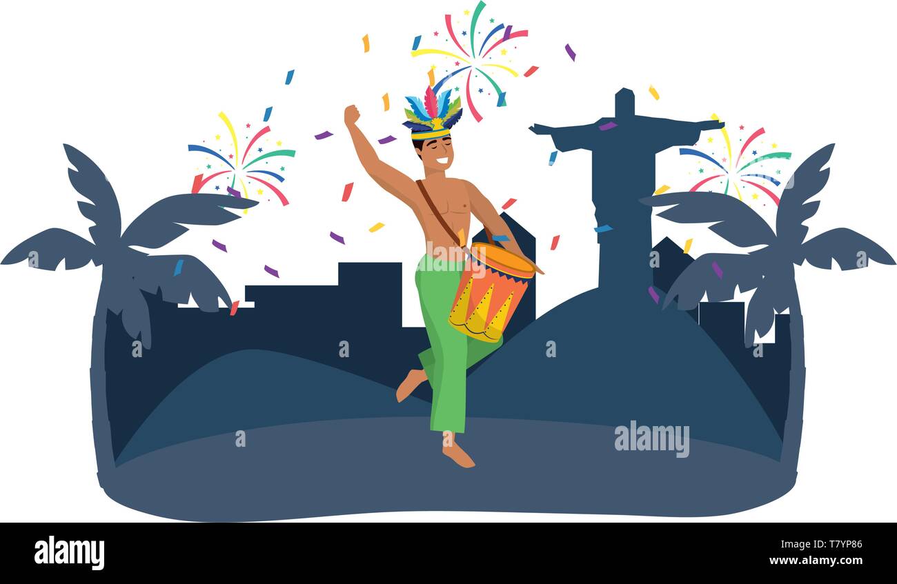 Mann mit Drum feiern Brasilien Karneval in der Stadt mit Christus Erlöser und Palmen Vektor-illustration bearbeitbar Stock Vektor