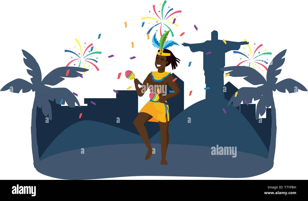 Mann mit Maracas feiern Brasilien Karneval in der Stadt mit Christus Erlöser und Palmen Vektor-illustration bearbeitbar Stock Vektor