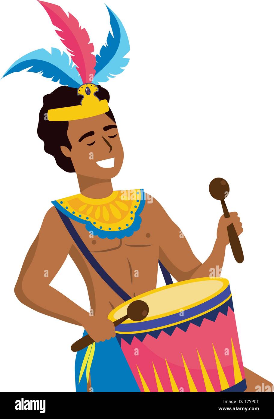 Mann feiern Brasilien Karneval mit Feder headdrees und mit Trommelstöcken Vector Illustration grafik design Drum Stock Vektor