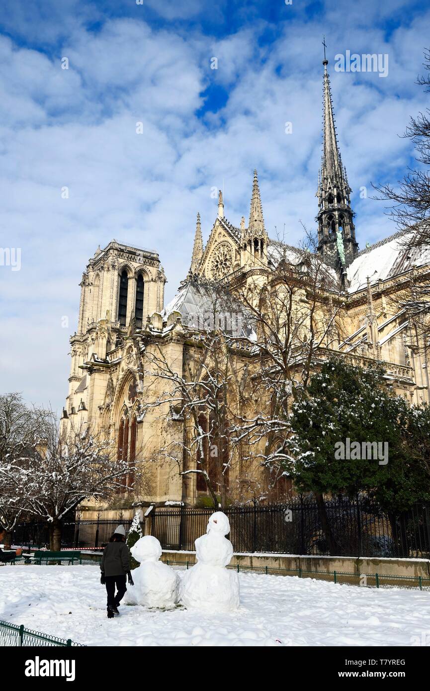Frankreich, Paris, Bereich als Weltkulturerbe von der UNESCO, die Ufer der Seine, Welterbe der UNESCO, die Kathedrale Notre Dame unter dem Schnee auf der Ile de la Cité und der öffentliche Garten Jean XXIII. auf der quai de l'des Erzbistums, Schneemann Stockfoto