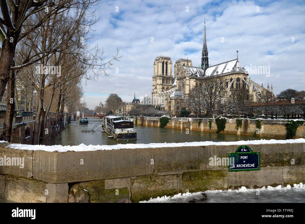 Frankreich, Paris, Bereich als Weltkulturerbe von der UNESCO, die Ufer der Seine, Welterbe der UNESCO, der Seine im Hochwasser- und die Kathedrale von Notre Dame unter den Schnee auf der Ile de la Cité und der Quai de l'des Erzbistums vom Pont de l' (Erzbischof des Erzbistums's Bridge) Stockfoto