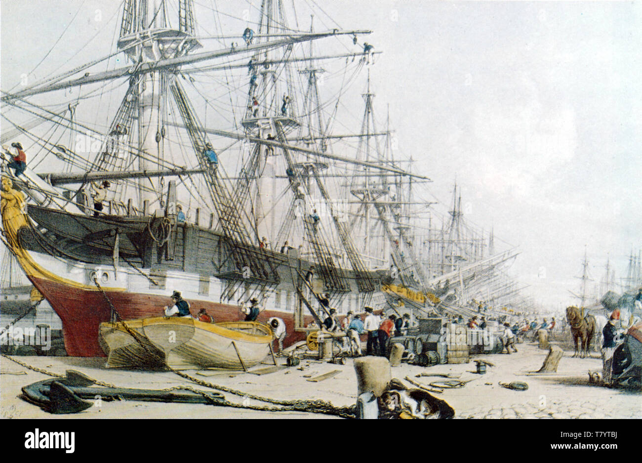 West India Docks, Entladen Zucker und Rum Stockfoto
