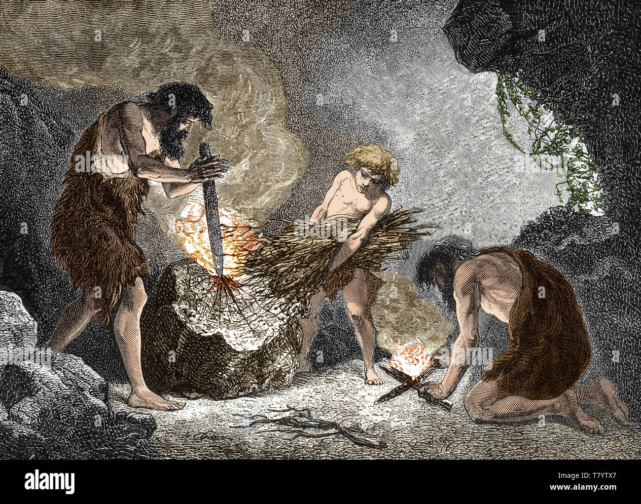 Die frühen Menschen Feuer machen Stockfoto