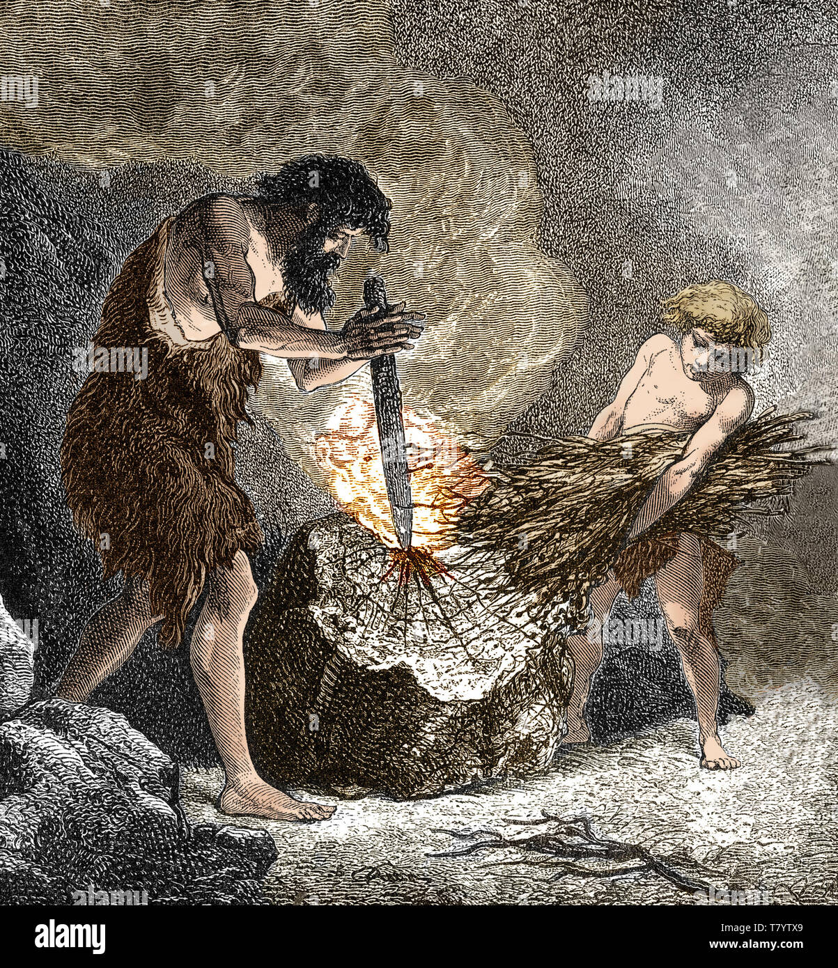 Die frühen Menschen Feuer machen Stockfoto