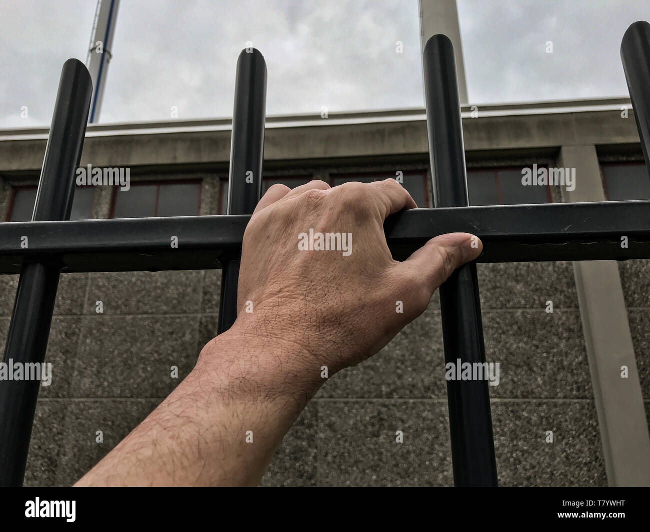 Hand mit Eisenstangen. Grenzzaun oder Gefängnis Konzept Stockfoto