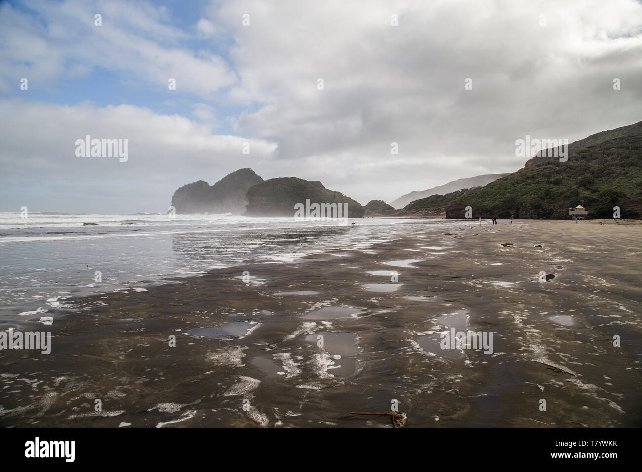 Bethells Beach oder Te Henga in Waitakere, West Auckland an einem Wintertag mit blauem Himmel und weißen Wolken. Ebbe und relativ ruhigen Meer. Stockfoto