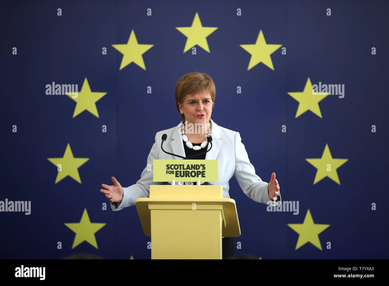 Erster Minister Nicola Sturgeon an der Produkteinführung der SNP europäischen Wahlkampf zu Dynamic Earth, Edinburgh. Stockfoto