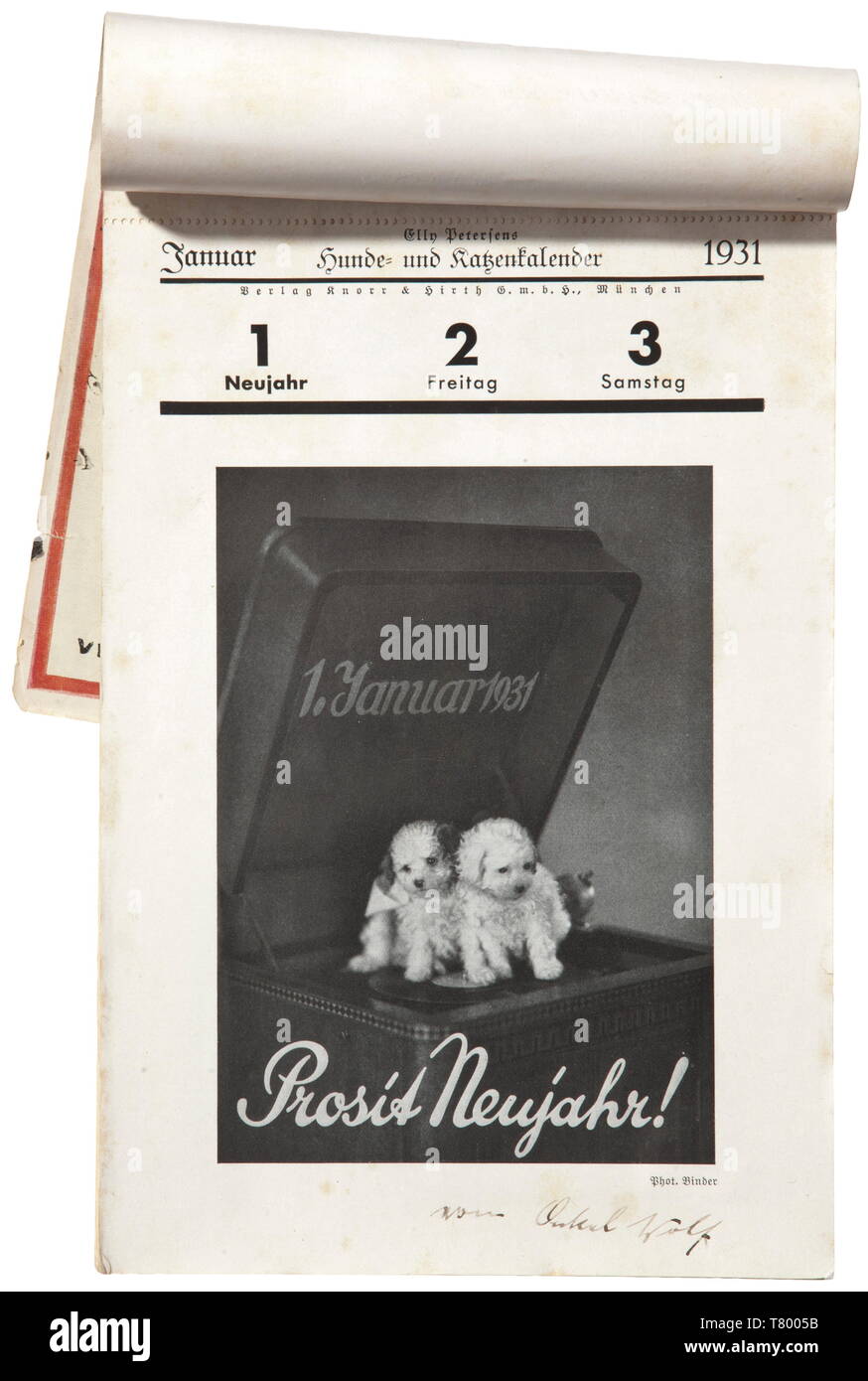 Angela "Geli" Rabaul (1908-1931) - Adolf Hitler Tear-off Kalender für das Jahr 1931. "Katzen und Katzen 1931' (Hunde und Katzen), das Neue Jahr mit einem kleinen Inschrift in Tinte" von Onkel Wolf' (von Onkel Wolf), der linken Seite mit einer Eingeklebten Rechnung von der Firma Prantl, München der "Haushaltung Adolf Hitler, N., München, Prinzregentenplatz 16/II Zu Hdn. von Frau Winter" (Adolf Hitler Haushalt, München Thema, Prinzregentenplatz 16/II F.A.O. Frau Winter) und einem Eingeklebten Umschlag mit kleinen Karte in 'Mit den herzlichen Neujahrswünschen Onkel Wolf München, Editorial-Use - Nur Stockfoto