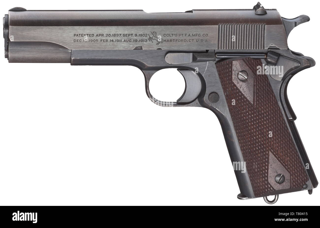 Ein Colt mod. 1911, Kal. .45 ACP, Nr. 617519. Helle Bohrung. Im Jahr 1919 hergestellt. Auf der linken Seite der Folie 2-line Corporate name und Patentdaten, auf der rechten 'Modell von 1911. US-Army', am Rahmen mit der Aufschrift "United States". Prüfanschlüsse Marke "Eagle's Head S 16', Fass mit der Aufschrift "HP". Komplette, original, ein wenig dünn blau-schwarzen Finish, Minimal mit Grip beschmutzt. Makellose Nussbaum dunkel grip Panels. Richtige Magazin im oberen Drittel gehärtet. Sammlerstück ohne verschiedene Marken im Original und fast neuwertigem Zustand. Erwerbsscheinpflichtig. Sein, Additional-Rights - Clearance-Info - Not-Available Stockfoto