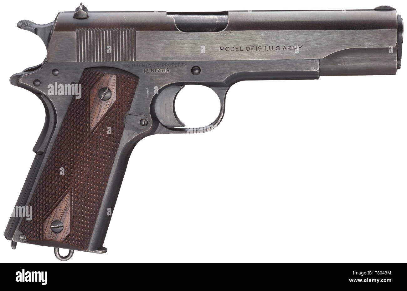 Ein Colt mod. 1911, Kal. .45 ACP, Nr. 617519. Helle Bohrung. Im Jahr 1919 hergestellt. Auf der linken Seite der Folie 2-line Corporate name und Patentdaten, auf der rechten 'Modell von 1911. US-Army', am Rahmen mit der Aufschrift "United States". Prüfanschlüsse Marke "Eagle's Head S 16', Fass mit der Aufschrift "HP". Komplette, original, ein wenig dünn blau-schwarzen Finish, Minimal mit Grip beschmutzt. Makellose Nussbaum dunkel grip Panels. Richtige Magazin im oberen Drittel gehärtet. Sammlerstück ohne verschiedene Marken im Original und fast neuwertigem Zustand. Erwerbsscheinpflichtig. Sein, Additional-Rights - Clearance-Info - Not-Available Stockfoto