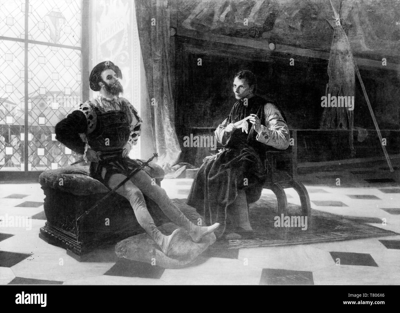 "Die Prinzen", Cesare Borgia mit Niccolo Machiavelli. Stockfoto