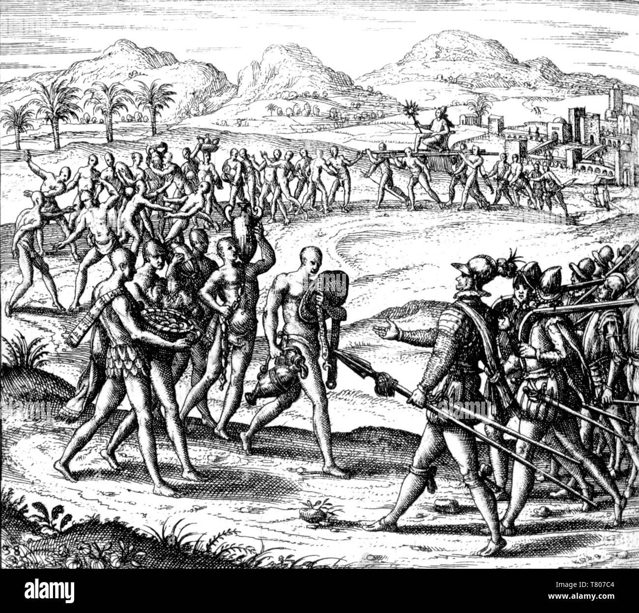 Friedliche Begegnung der Spanier durch die Inder, 16. Jahrhundert Stockfoto