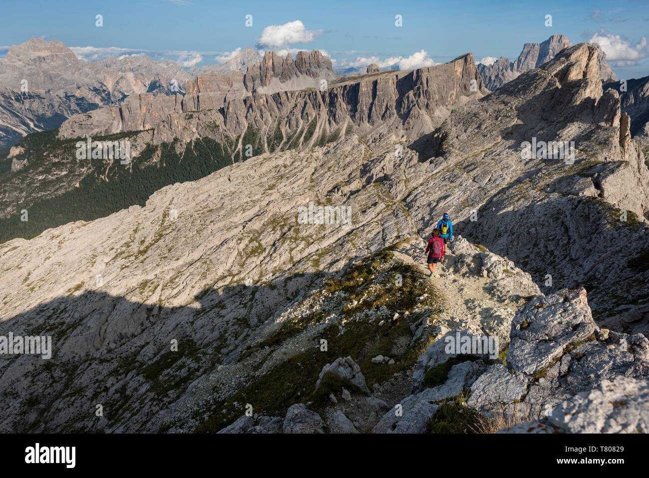 Wandern in typischen Berglandschaft der Dolomiten von den Alpen auf der Alta Via 1 trekking Strecke in der Nähe des Rifugio Nuvolau, Belluno, Venetien, Italien Stockfoto