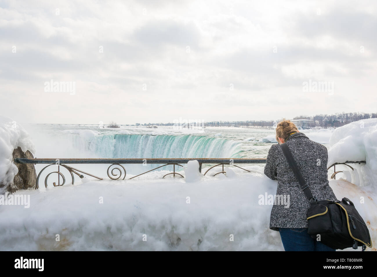 Eine Dame nimmt ein Foto von dem Gefrorenen im März in Niagara Falls, Ontario, Kanada, Nordamerika Stockfoto