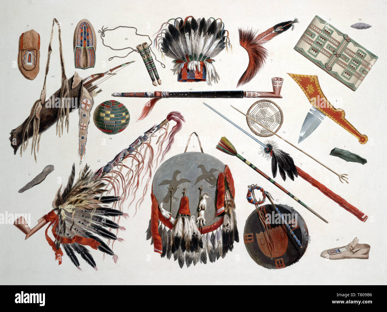 Native American Kleidung und Waffen, 1830 s Stockfoto