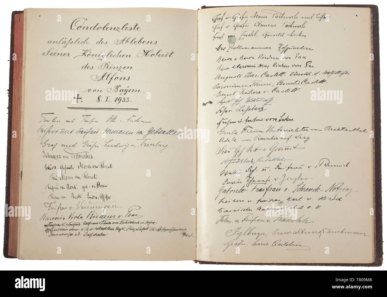 Prinz Alfons von Bayern (1862-1933) - ein Gästebuch aus dem Alfons Palast das Leder gebundenes Album mit dem Titel auf der Vorderseite in Gold Buchstaben Set (Tr.) "Gästebuch für Ihre Königlichen Hoheiten Prinz und Prinzessin Alfons von Bayern". Die vordere Deckblatt mit einer Widmung für Prinz Alfons's Geburtstag am 24. Januar 1911 und Anfang des Buches. Es gibt ca. 250 Seiten mit hunderten von original Autogramme und widmungen von führenden Persönlichkeiten unter den Adel, Politiker, Mittelschicht, und Militär. Eindrucksvolle Namen wie Graf Bothmer, v., Additional-Rights - Clearance-Info - Not-Available Stockfoto