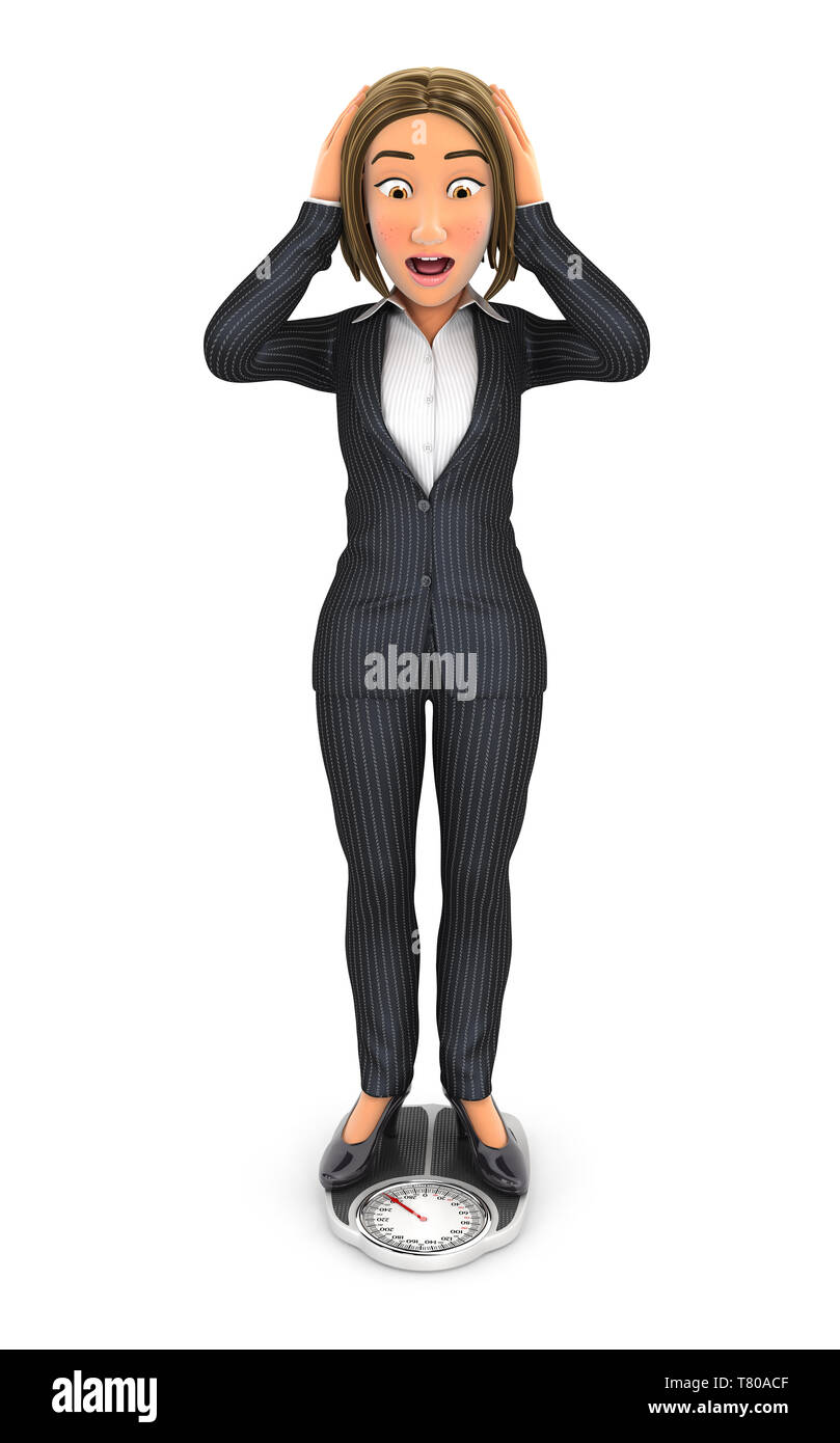 3d-business Frau selbst wiegen auf einer Waage, Illustration mit isolierten weißen Hintergrund Stockfoto