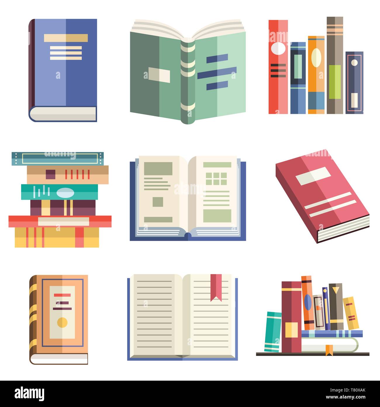 Bunte Flat Style Icons von isolierten Bücher in verschiedenen Positionen. Lernen, Lernen, Bildung, Wissen, Literarure, Wissenschaft und Bibliothek Objekte Stock Vektor