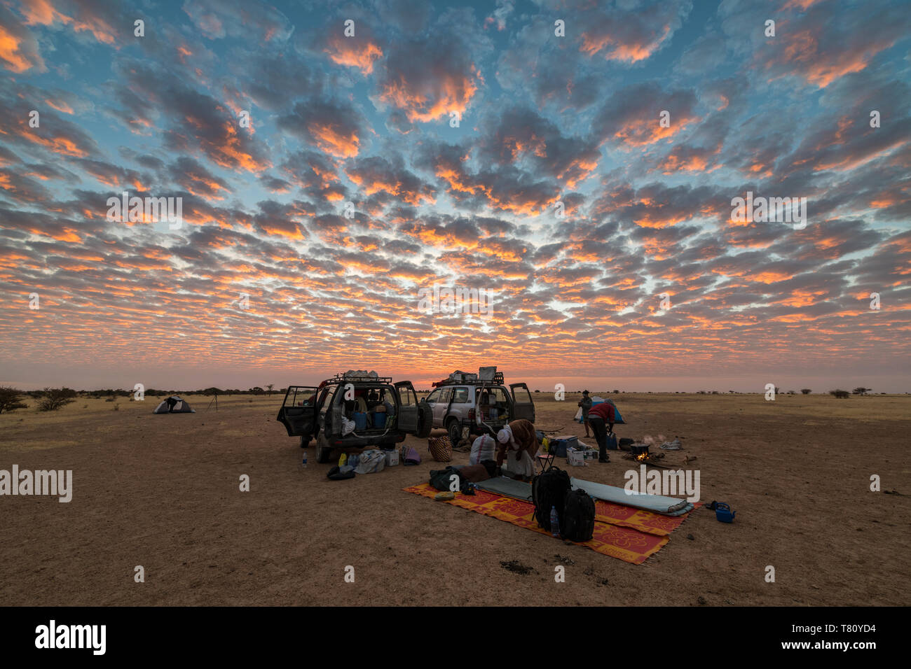 Camping unter einem dramatischen Morgenhimmel in der Sahelzone, Tschad, Afrika Stockfoto