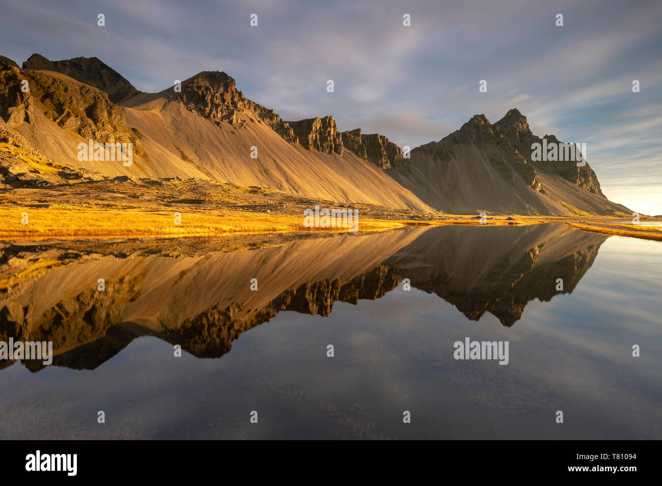 Blick auf die Berge von Vestrahorn und perfekte Reflektion im flachen Wasser, kurz nach Sonnenaufgang, Stokksnes, South Island, Island, Polargebiete Stockfoto