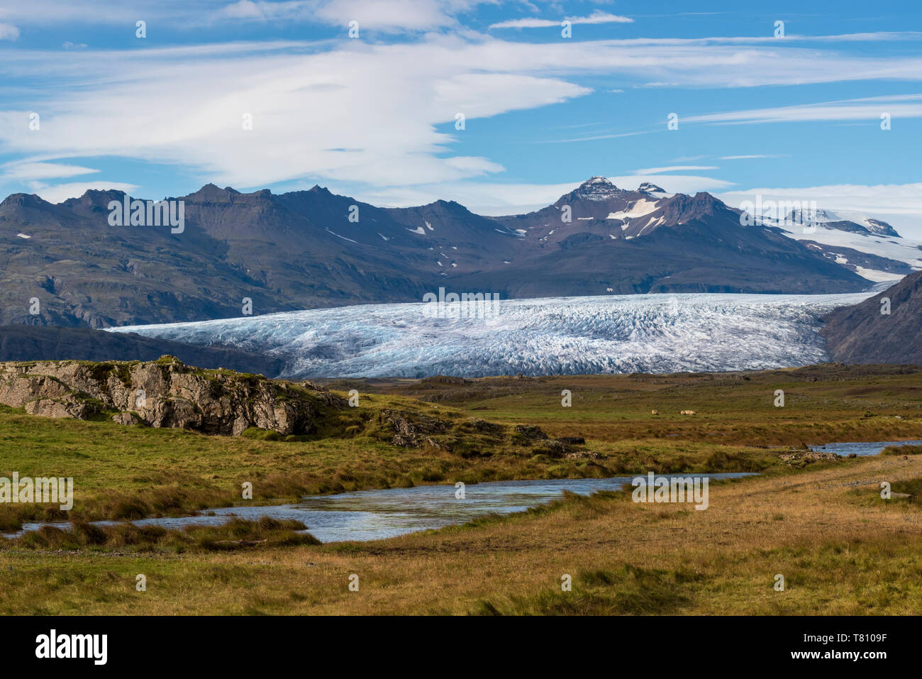 Blick auf Breidamerkurjokull Gletscher Vatnajökull Eiskappe hinter, South East Island, Island, Polargebiete Stockfoto