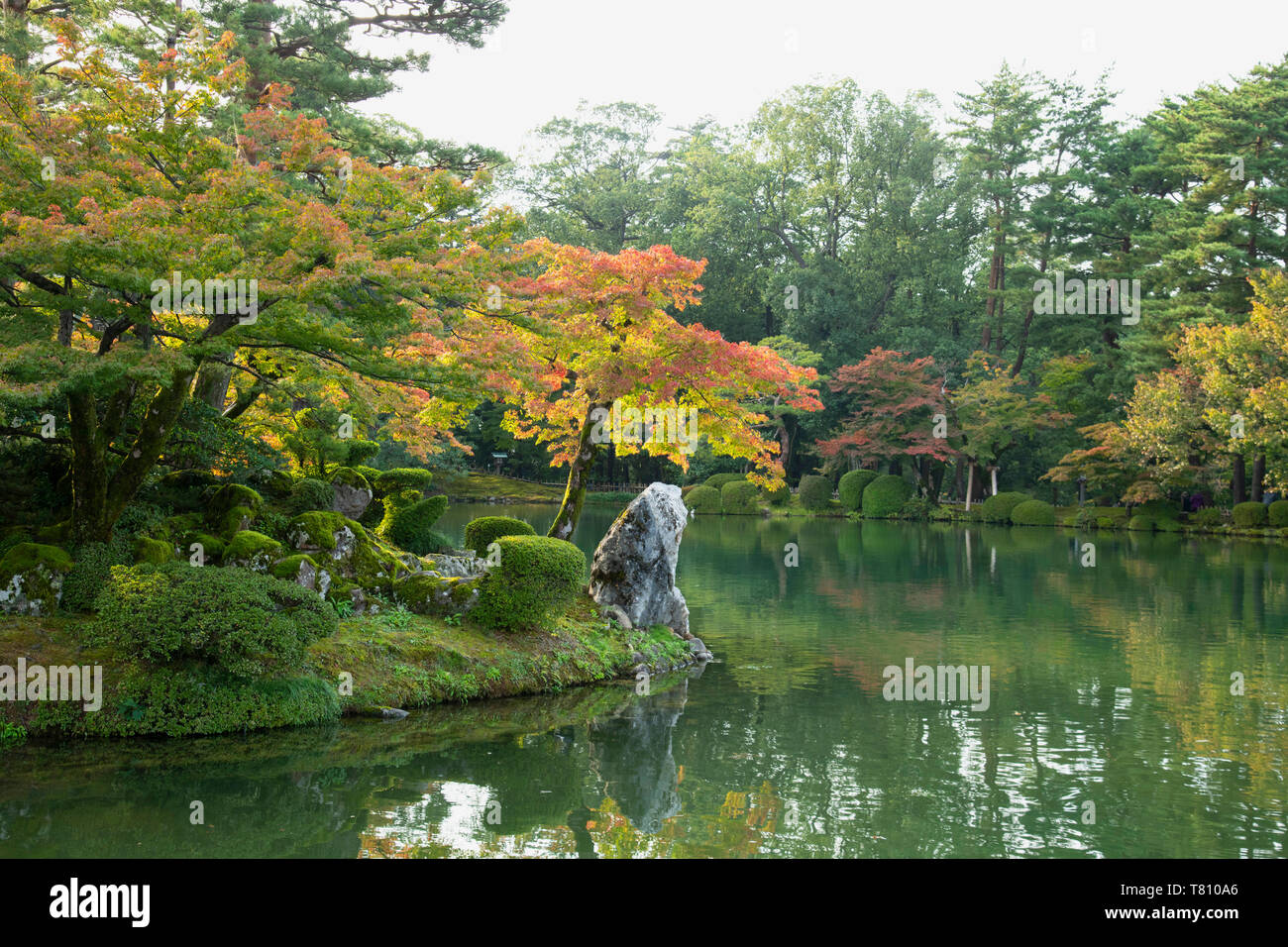 Herbst Laub auf Horajima Insel in Kasumi Teich im Garten Kenrokuen, Kanazawa, Ishigawa, Japan, Asien Stockfoto
