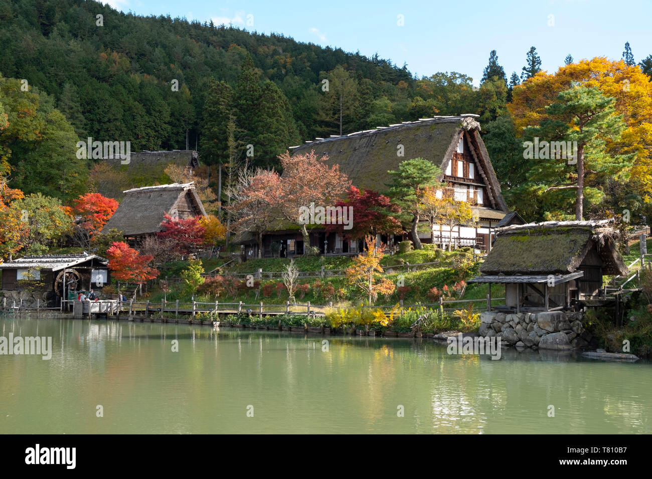 Herbst Laub und traditionellen strohgedeckten Gebäuden rund um den See im Hida Folk Village, Hida keine Sato, Takayama, Honshu, Japan, Asien Stockfoto