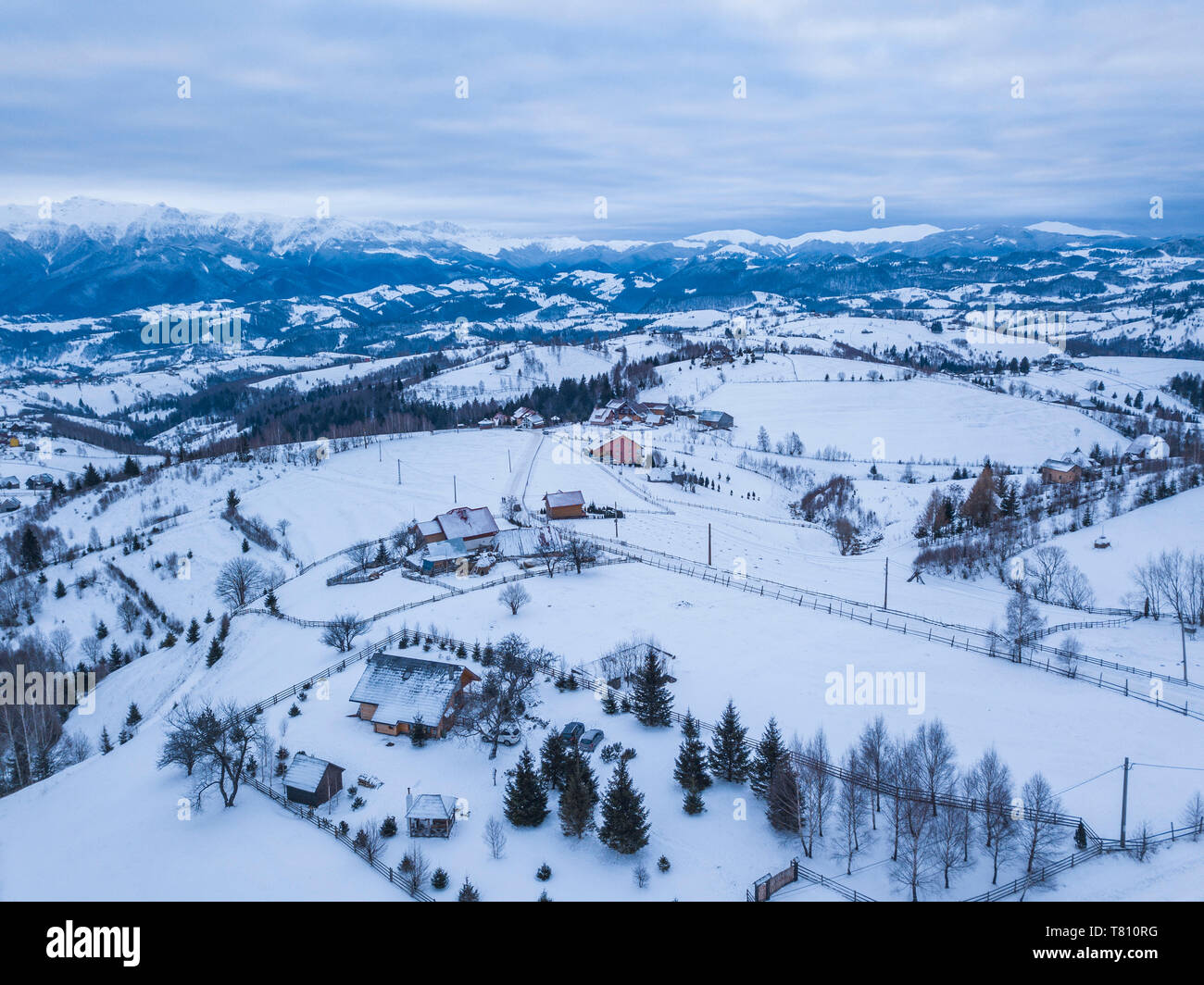 Verschneite Winterlandschaft in den Karpaten, Kleie, Siebenbürgen, Rumänien, Europa Stockfoto