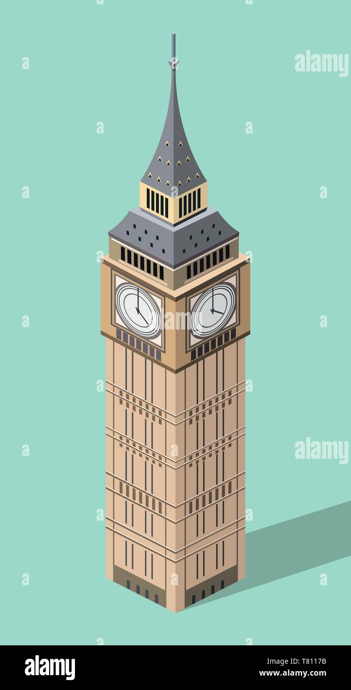 Vector 3d-isometrische Symbol des Big Ben mit Flat Style Hintergrund und Schatten Stock Vektor