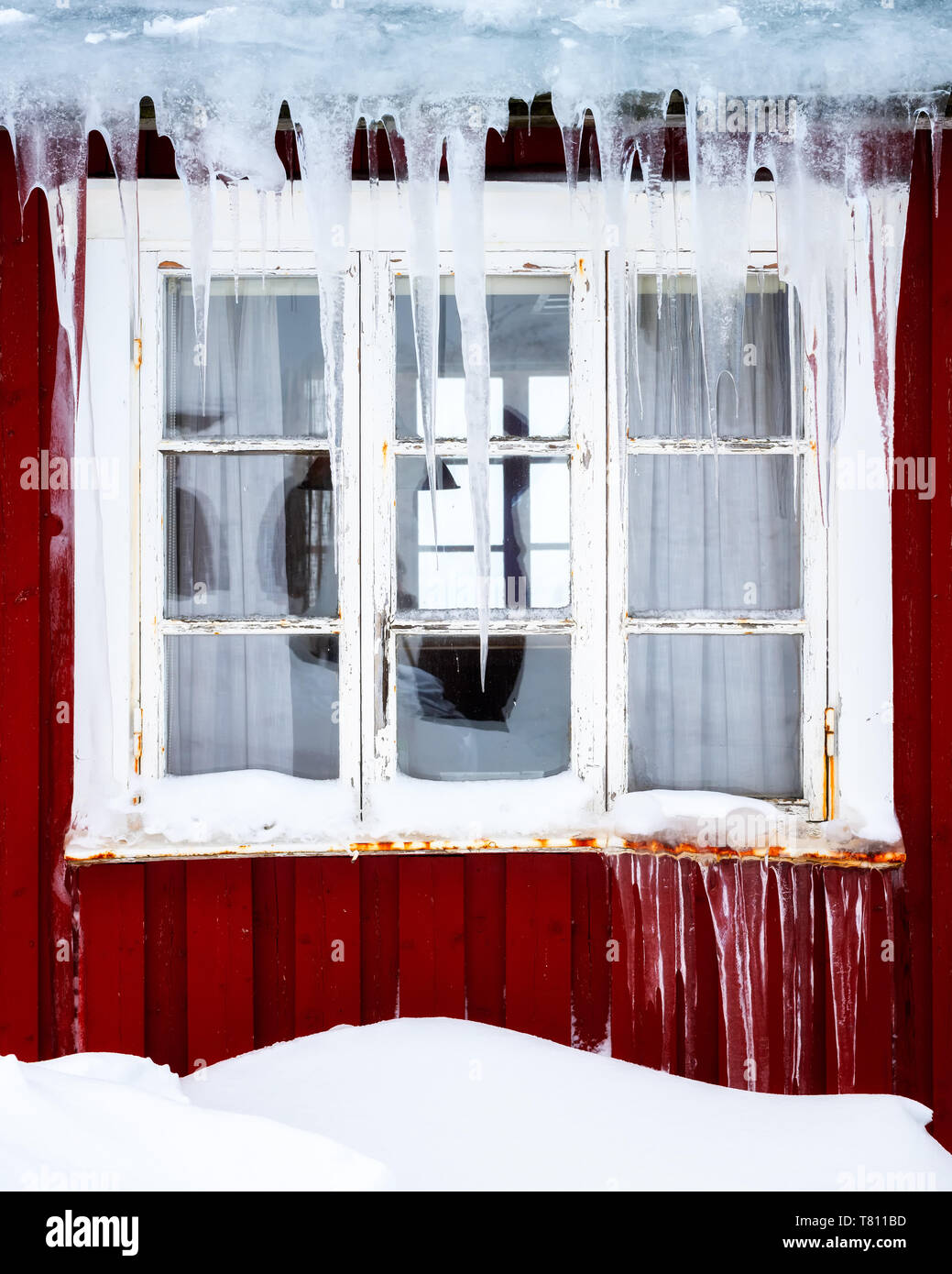 Gefrorenen Eiszapfen auf einem traditionellen Rorbu Fenster im Winter, Nordland, Lofoten, Norwegen, Europa Stockfoto