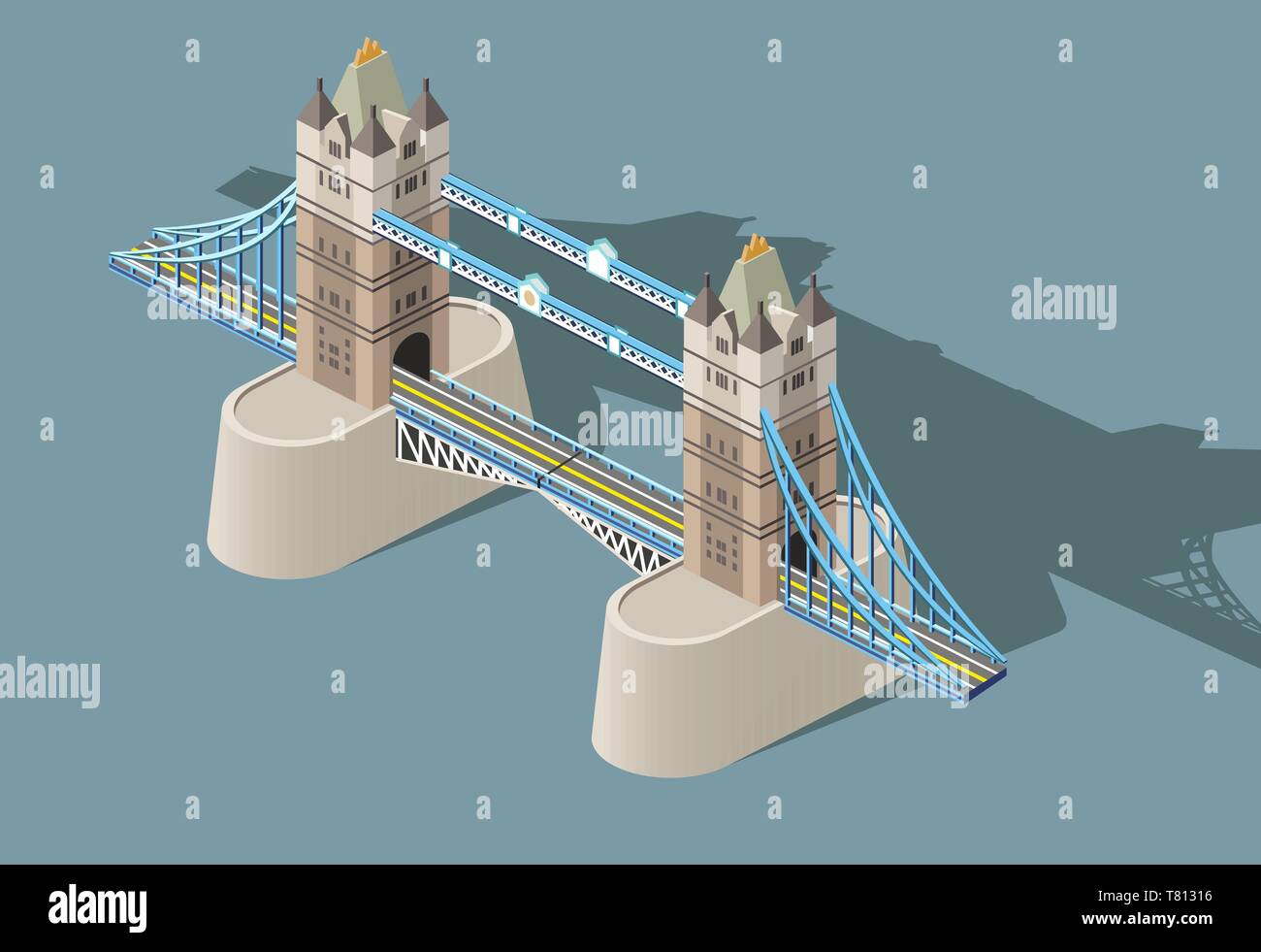 Vector 3d-isometrische Symbol der Tower Bridge mit Flat Style farbigen Hintergrund und Schatten Stock Vektor