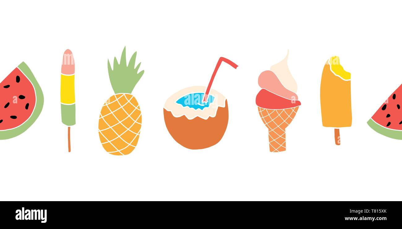 Sommer behandelt nahtlose Vektor Grenze. Wiederholen Banner Design mit Wassermelone, Popsicle, Ananas, Kokos, Eis Stock Vektor