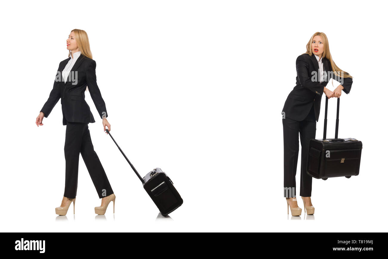 Geschäftsfrau mit Koffer isoliert auf weißem Stockfoto
