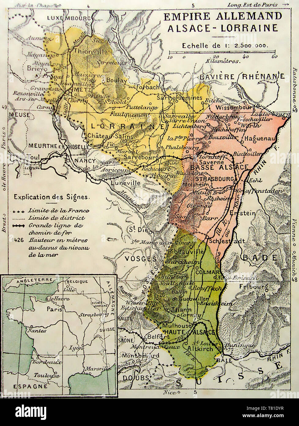 Karte von Elsaß-Lothringen, um 1910 Stockfoto