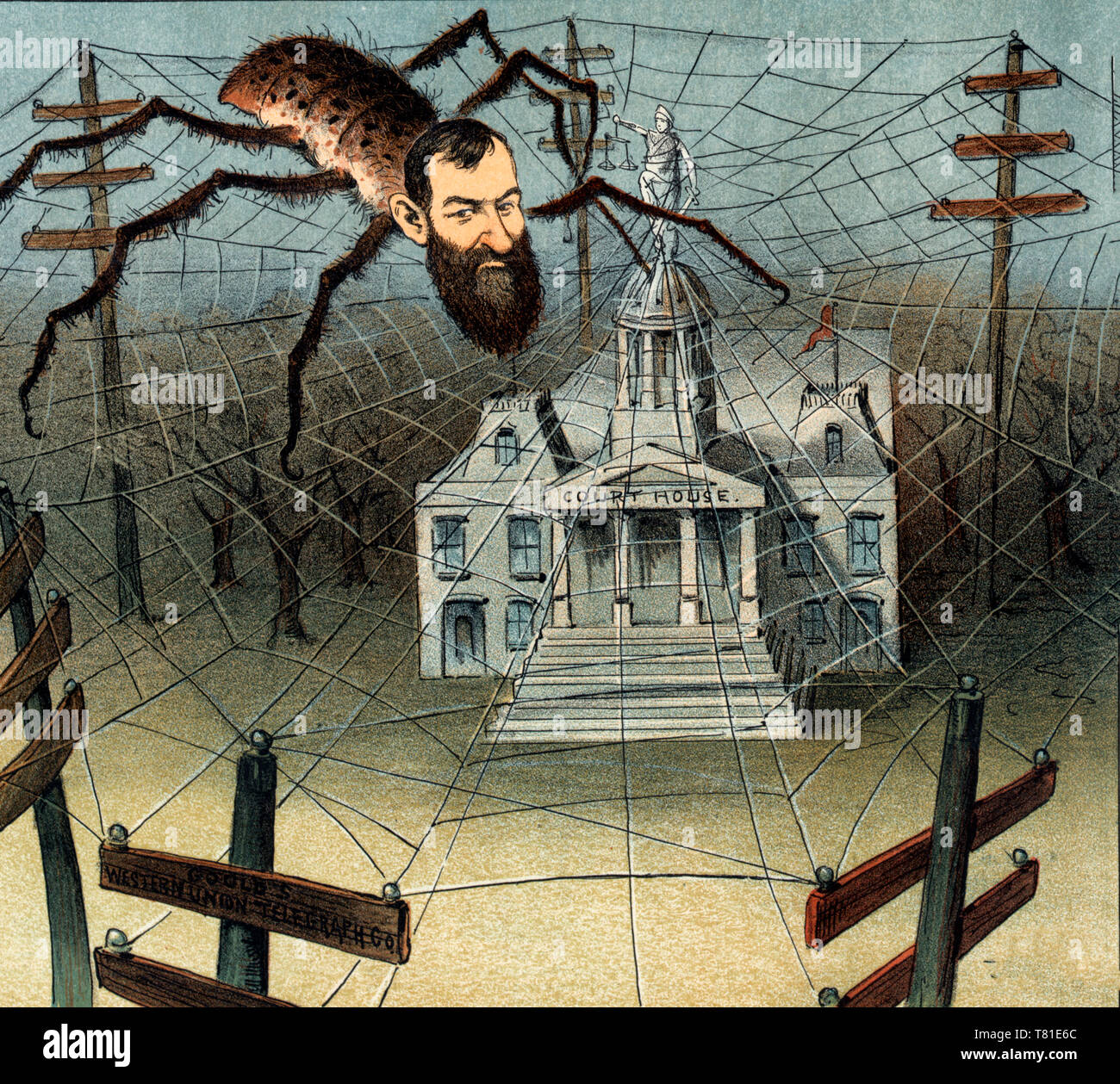 Gerechtigkeit in der Web-politische Karikatur zeigt Jay Gould als eine Spinne auf einem Webserver, der "telekommunikationsverbindungen Western Union', die aus mehreren utility Pole und Abdeckung (Fangen) Justiz auf einem 'Gericht' erweitern. 1885 Stockfoto