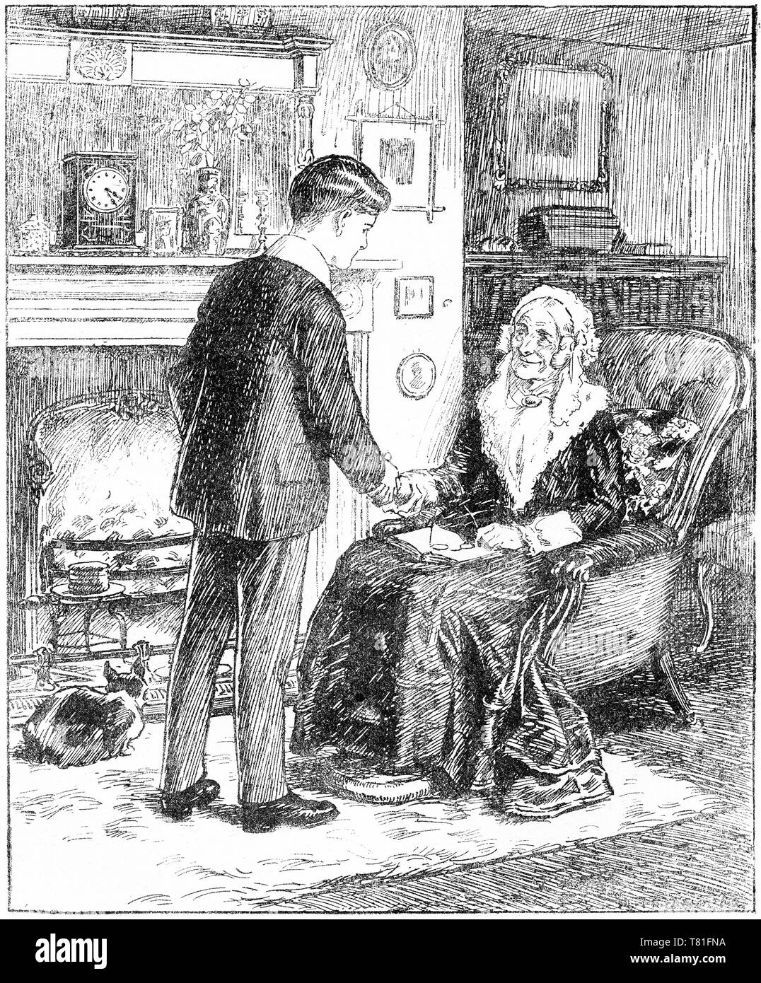 Gravur einer alten Dame treffen ein junger Mann in ihrem Haus. Chatterbox Magazin, 1917 Stockfoto