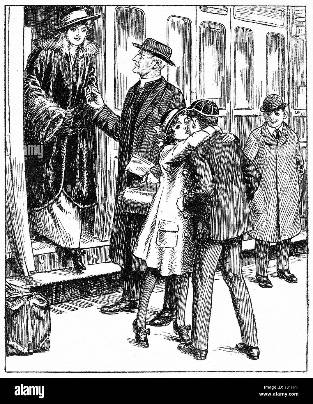 Gravur einer Familie Abschied am Bahnhof. Chatterbox Magazin, 1917 Stockfoto