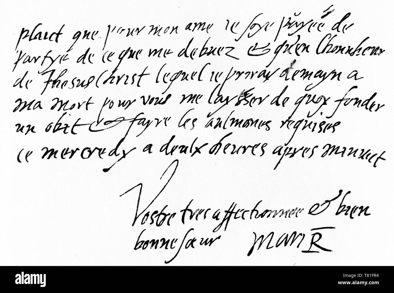 Gravur der schließen Abschnitt und Unterschrift des letzten Buchstaben Queen Mary's an den König von Frankreich Stockfoto