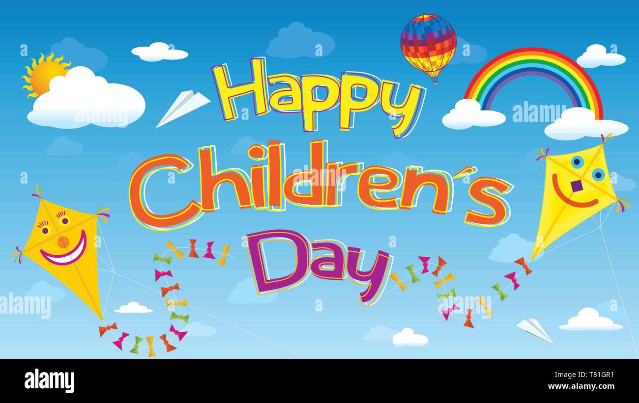 Der glückliche Kinder Tag Grußkarte. Buchstaben im Himmel schweben von lächelnden Kites, Wolken, Regenbogen umgeben, aerostat Ballon und Papierflieger Stock Vektor
