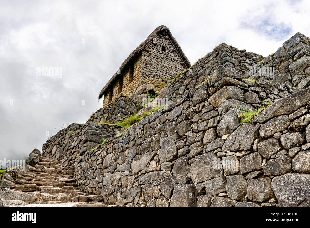 Blick auf die wachstation in Inkas alten citry Machu, Picchu in Peru. Stockfoto