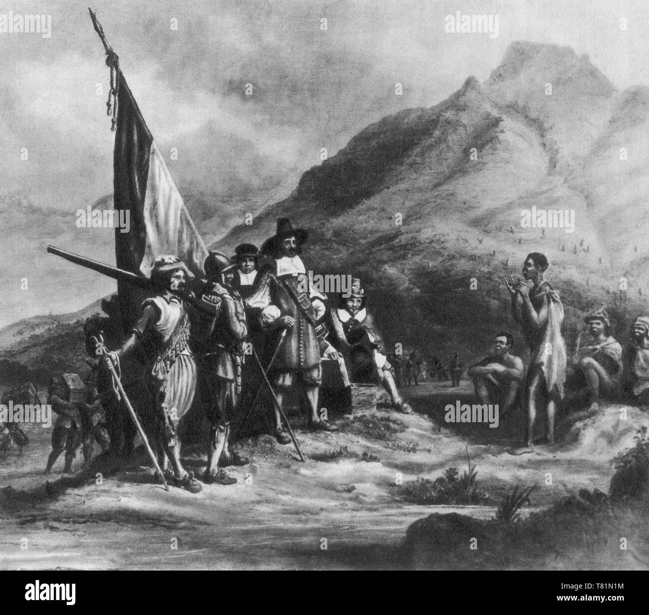 Jan van Riebeeck kommt in der Table Bay, 1652 Stockfoto