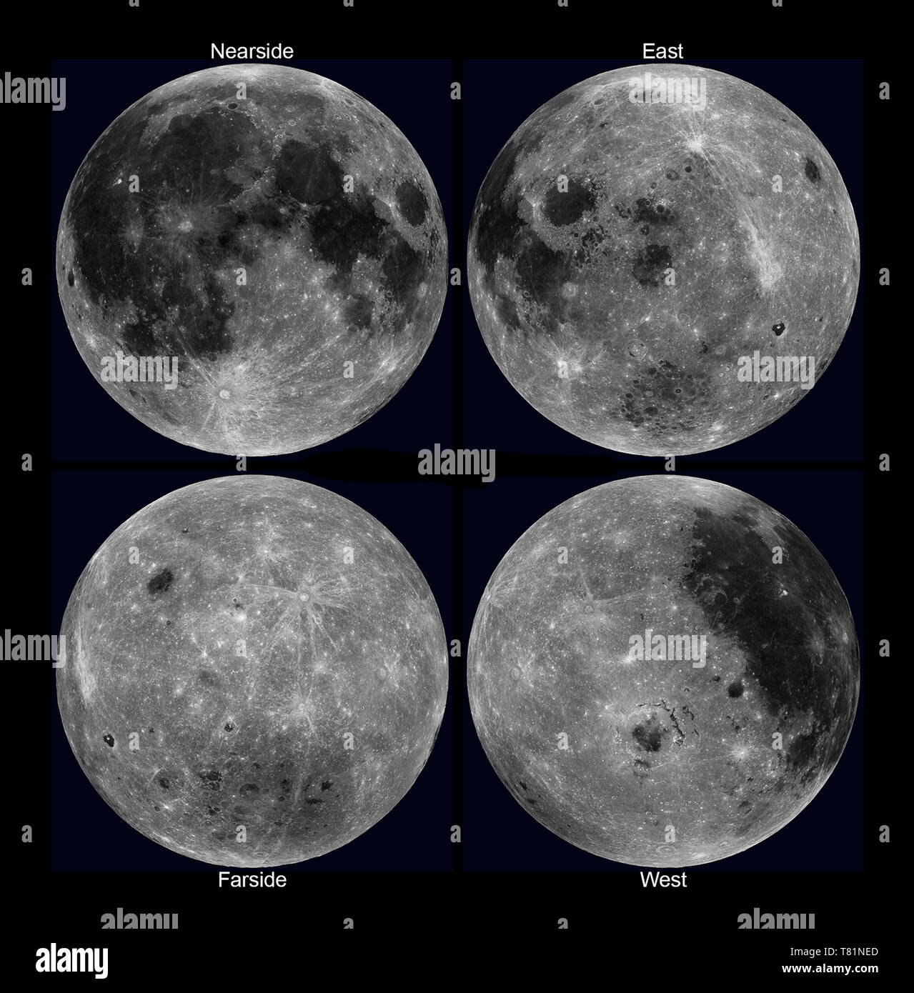 Vier Hemisphären des Mondes, LRO-Bilder Stockfoto