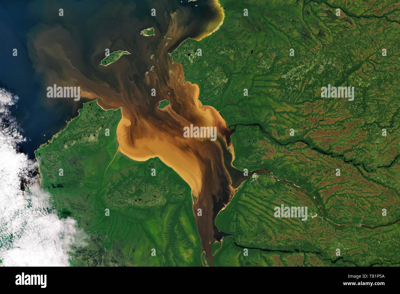 Gerbsäure Wasser in Rupert Bay, Quebec, Satelliten- Stockfoto