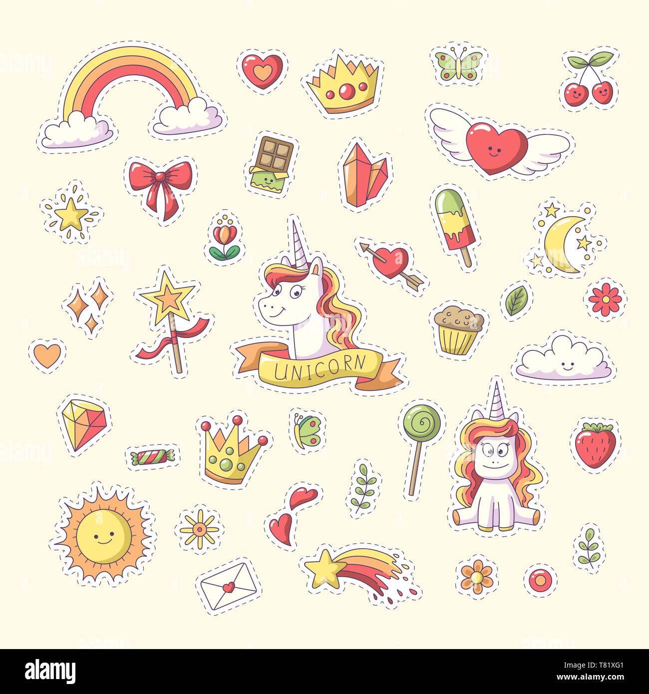 Einhorn Sticker mit Herz, Wolken, Regenbogen, Sonne, Mond und mehr. Der niedliche Comicfiguren. Vektor Sammlung für Sticker, Patches, Badges, Pins. Hand Stil doodle erstellt Stock Vektor