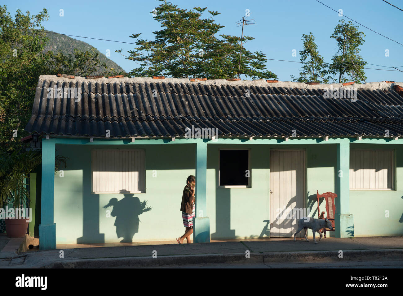 Am frühen Morgen Schatten auf der schönen kolonialen Häuser in Vinales Kuba, der Heimat der Zigarre Industrie Stockfoto