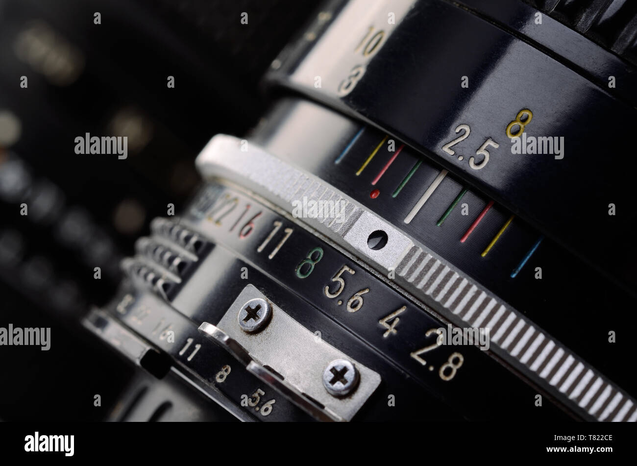 Kameraobjektiv Skala close-up. Blende und Entfernung. Stockfoto